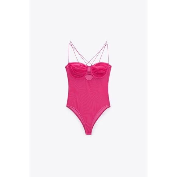 NWT Zara Fuchsia Tulle Semi-Sheer Bodysuit, Size Large - Picture 7 of 15